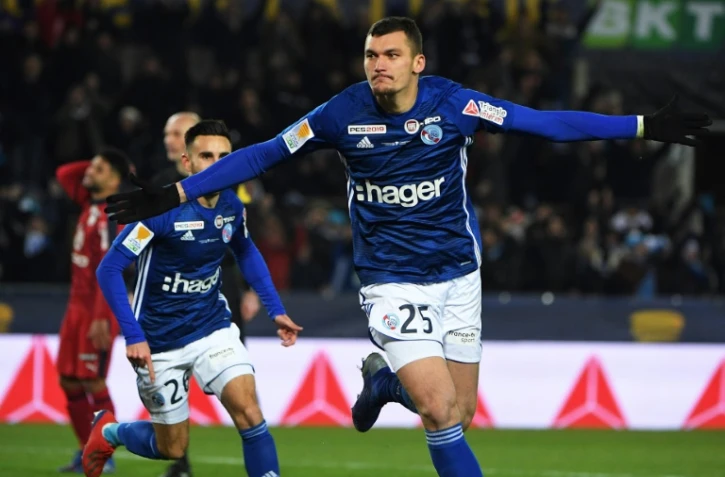 L'attaquant de Strasbourg Ludovic Ajorque vient de marquer contre Bordeaux en demi-finale de la Coupe de la Ligue, le 30 janvier 2019 à Strasbourg 