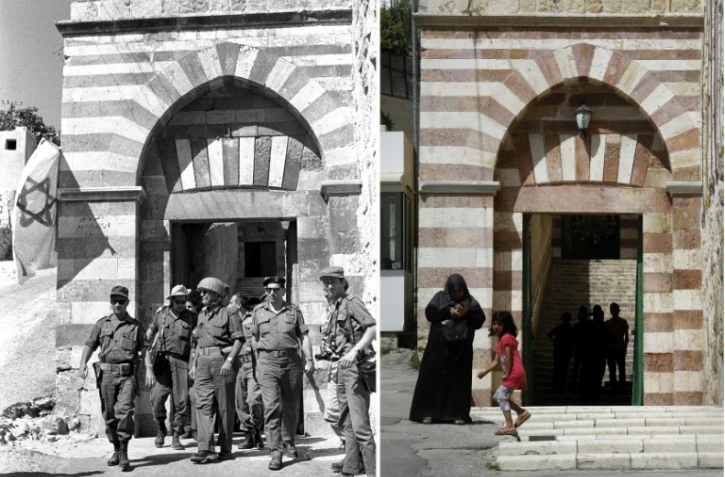 Un montage créé avec une photo fournie par les services de presse du gouvernement israélien montrant à gauche des soldats israéliens à Hébron, en Cisjordanie, en juin 1967, et une femme et un enfant palestiniens au même endroit le 29 mai 2017