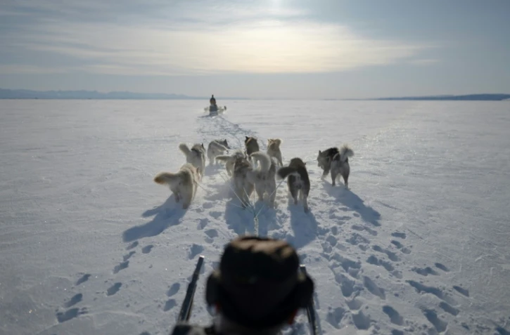 Le légendaire chasseur inuit d'ours polaires Hjelmer Hammeken part à la chasse au phoque près d'Ittoqqortoormiit dans le fjord de Scoresby au Groenland, le 28 avril 2024