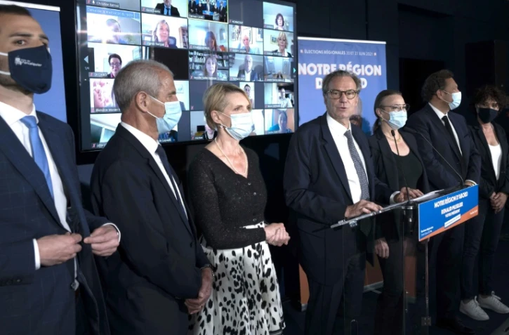 Le président sortant de la région Provence-Alpes-Côte d'Azur Renaud Muselier (LR) présente sa liste le 14 mai 2021 à Marseille pour les élections régionales.