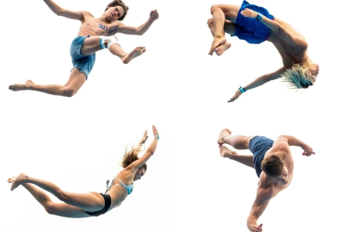 Montage combinant les sauts de quatre compétiteurs du "championnat du monde de dods" en Norvège, le 17 août 2019 à Oslo