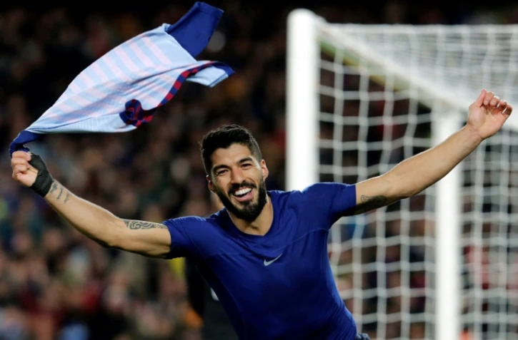 L'attaquant uruguayen du Barça Luis Suarez vient d'ouvrir le score contre l'Atlético Madrid, le 6 avril 2019 au Camp Nou de Barcelone 