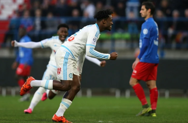 L'attaquant de Marseille Michy Batshuayi après un but contre Caen, le 17 janvier 2016 au stade Michel d'Ornano