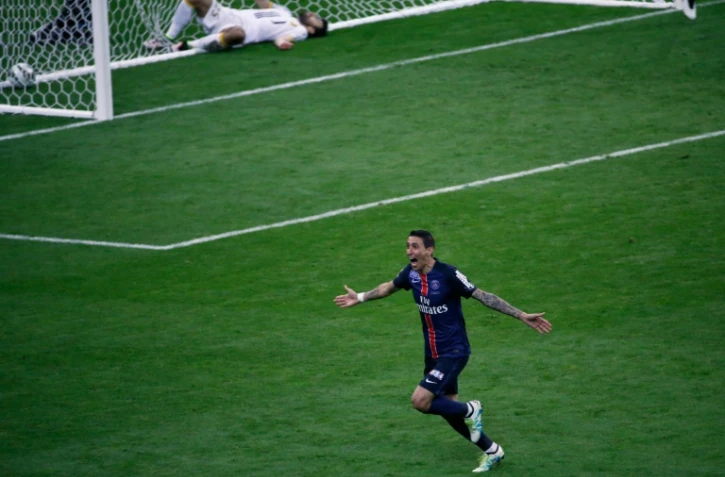 Angel Di Maria après avoir signé le but de la victoire du PSG face à Lille en finale de la Coupe de la Ligue au Stade de France, le 23 avril 2016