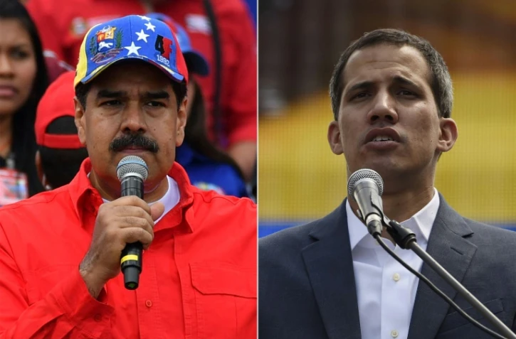 Combinaison de photos montrant Nicolas Maduro et Juan Guaido s'adressant à leurs partisans respectifs le 2 février 2019