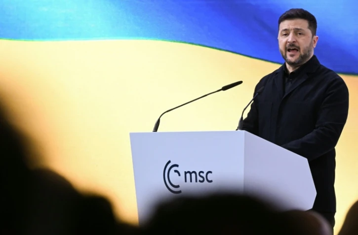 Le président ukrainien Volodymyr Zelensky s'exprime lors de la 62e Conférence de Munich sur la sécurité (MSC), le 14 février 2026 à Munich, dans le sud de l'Allemagne 