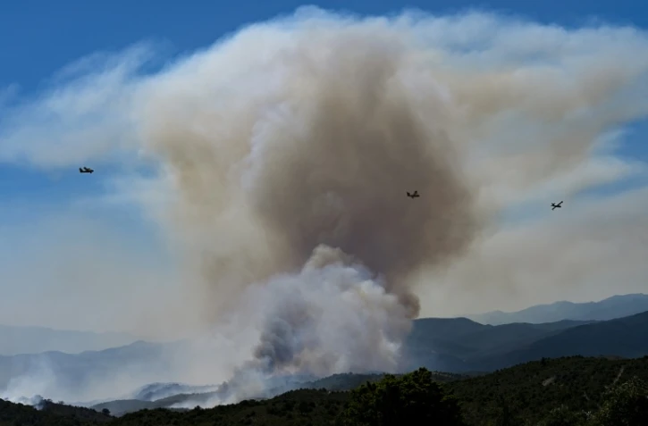 Des Canadair CL-415 de la Sécurité civile en action au-dessus d'un feu de forêt au col des Auzines, près de Trevillach, dans les Pyrénées-Orientales, le 5 juillet 2026l