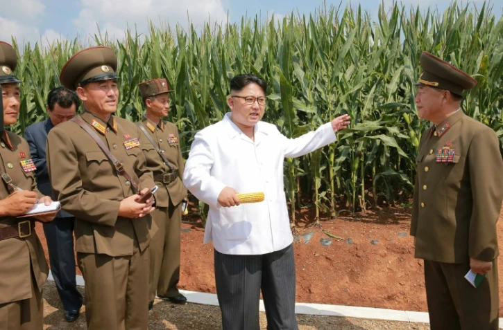 Photo non datée de l'agence officielle Nord coréenne (KCNA) du leader de la Corée du Nord Kim Jong-Un (C) inspectant une ferme de son pays