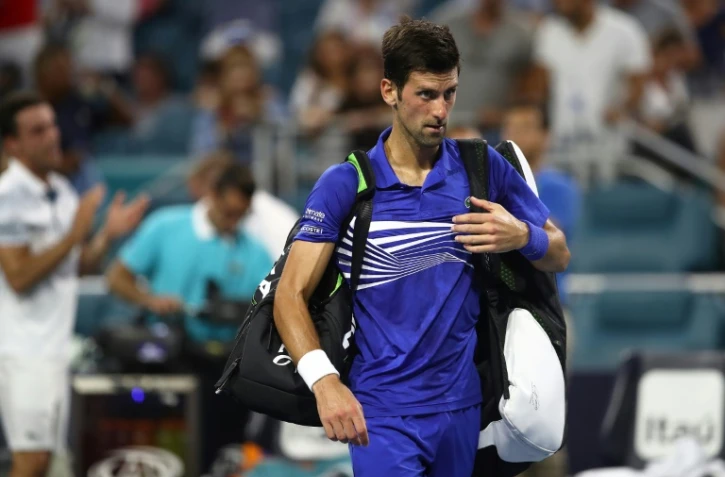 Le N1 mondial Novak Djokovic, après sa défaite contre l'Espagnol   Roberto Bautista Agut le 26 mars 2019 à Miami