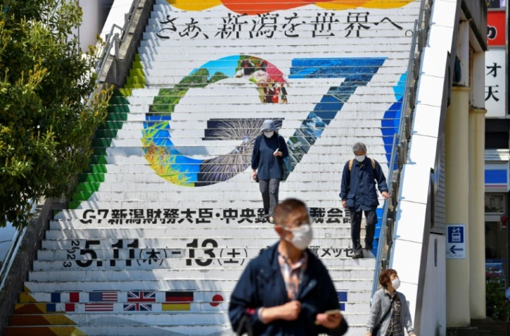 Le logo de la réunion des ministres des Finances et banquiers centraux du G7, le 10 mai 2023 à Niigata, au Japon