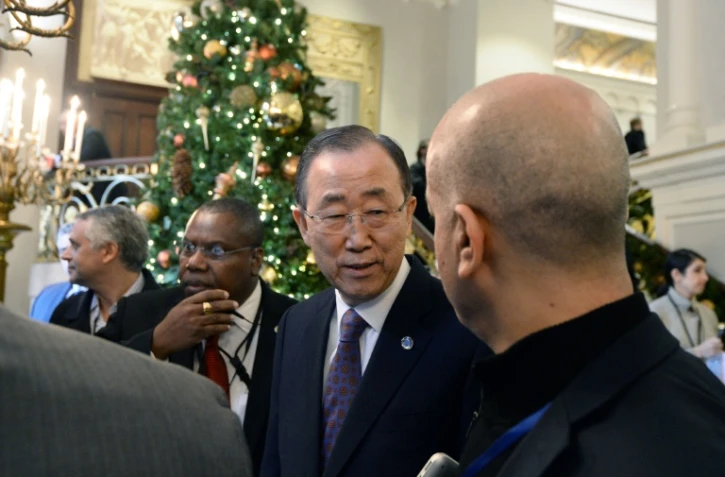 Le secrétaire général de l'ONU, Ban Ki-Moon après des discussions sur la Syrie, le 18 décembre 2015 à New York