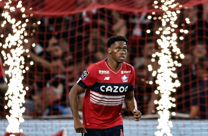 L'attaquant lillois Jonathan David contre Marseille, le 20 mai 2023 à Villeneuve-d'Ascq  