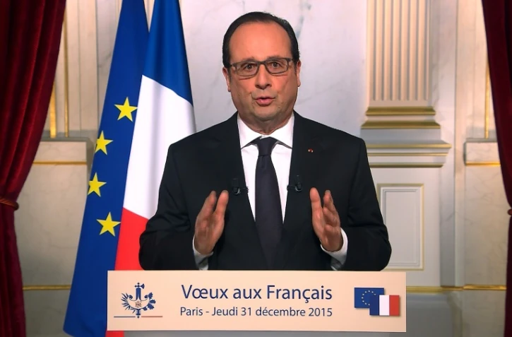 Capture d'écran d'une vidéo de François Hollande adressant ses voeux aux Français le 21 décembre 2015 à l'Elysée à Paris