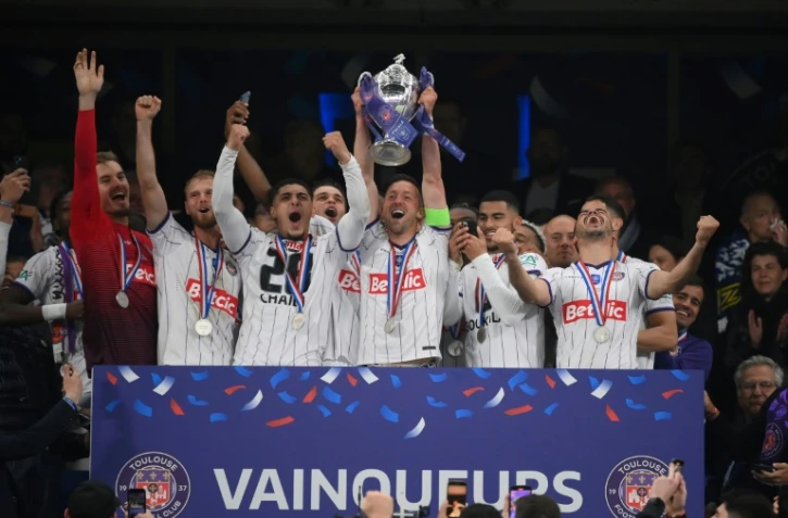 Les joueurs de Toulouse vainqueurs de la Coupe de France contre Nantes, le 29 avril 2023 au Stade de France Ă Saint-Denis