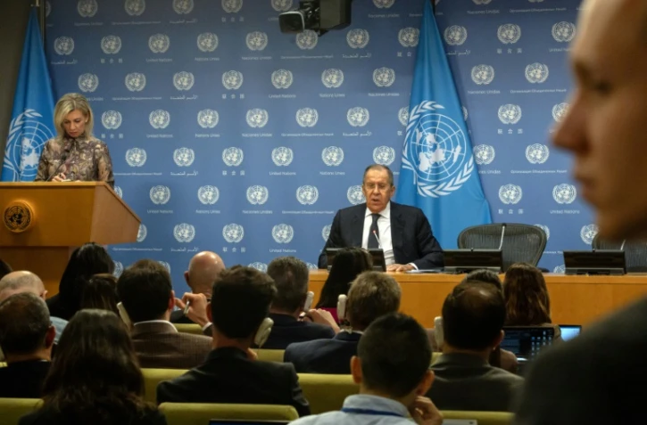 Le ministre russe des Affaires étrangères Sergueï Lavrov lors d'une conférence après son intervention à la tribune de l'Assemblée générale de l'ONU, le 23 septembr 2023 à New York