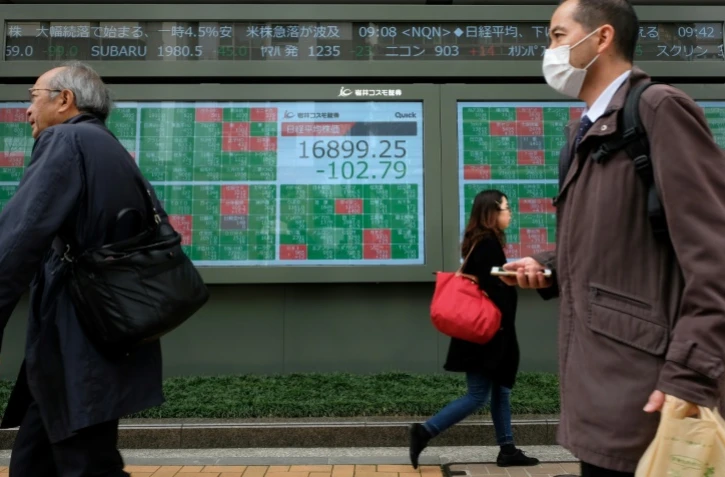 Des piétons passent devant un tableau d'indices boursiers, le 17 mars 2020 à Tokyo, au Japon