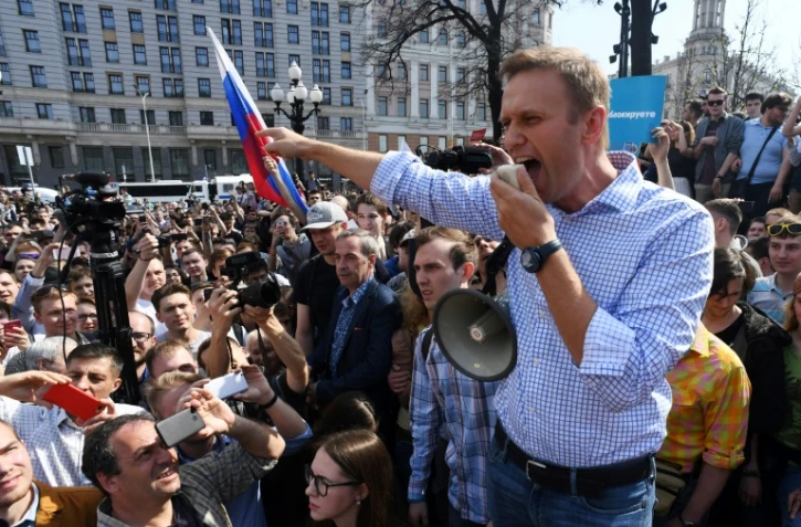Alexeï Navalny lors d'une manifestation contre Vladimir Poutine non autorisée, à Moscou le 5 mai 2018