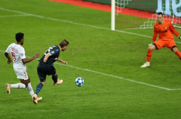 Le gardien de l'AS Monaco Diego Benaglio s'incline pour la 4e fois sur un but de Ruud Vormer du FC Bruges à Louis-II, le 6 novembre 2018