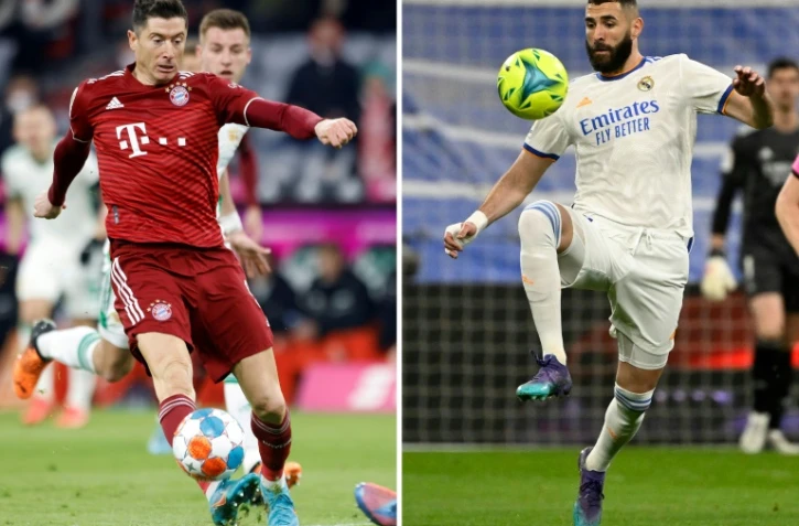 Montage photo de l'attaquant polonais du Bayern Munich Robert Lewandowski (contre l'Union Berlin, le 19 mars 2022), et de son homologue français du Real Madrid Karim Benzema (contre Getafe, le 9 avril 2022)