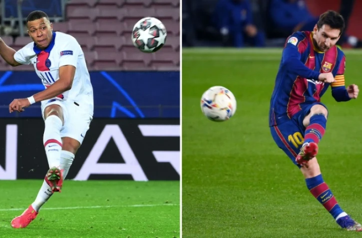 Combophoto représentant les stars du PSG, Kylian Mbappé, et du FC Barcelone, Lionel Messi, à quelques jours de leurs retrouvailles en Ligue des champions