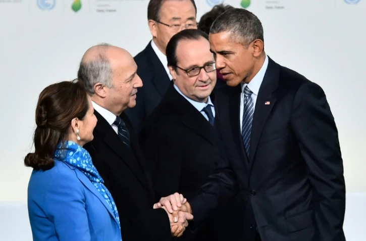 Ségolène Royal, Laurent Fabius, Ban Ki-moon, François Hollande et Barack Obama le 30 novembre 2015 au Bourget pour la COP21 