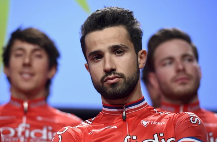 Le Français Nacer Bouhanni (c) lors de la présentation de l'équipe Cofidis, le 11 janvier 2017 à Barcelone