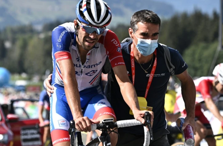 Le leader de la Groupama-FDJ Thibaut Pinot à l'arrivée de la cinquième étape du Critérium du Dauphiné, le 16 ao?"t 2020 à Megève