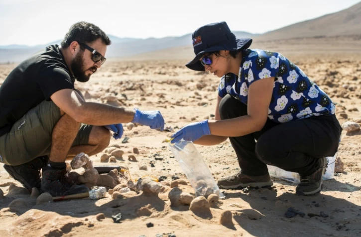 Les biologistes chiliens Cristiana Dorador et Jonathan Garcia prélèvent des fragments de sel pour les analyser, dans le désert d'Atacama, le 7 mars 2017 au Chili