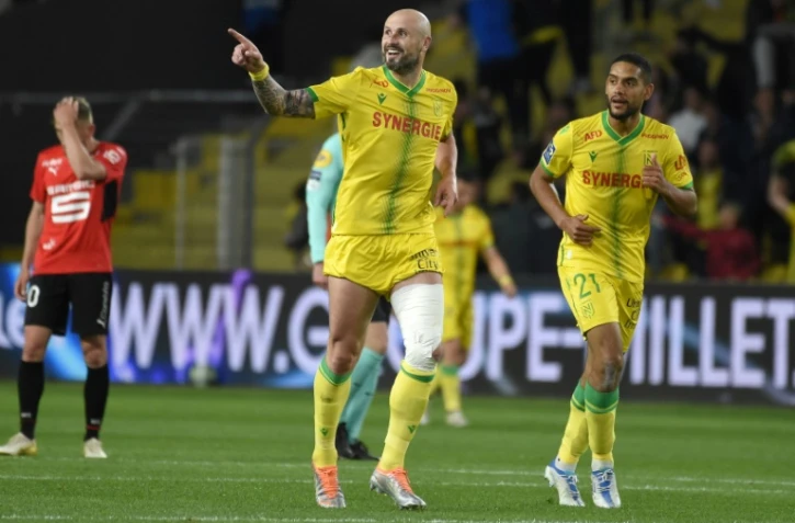 Le défenseur de Nantes Nicolas Pallois (g) buteur contre Rennes, le 11 mai 2022 à Nantes 