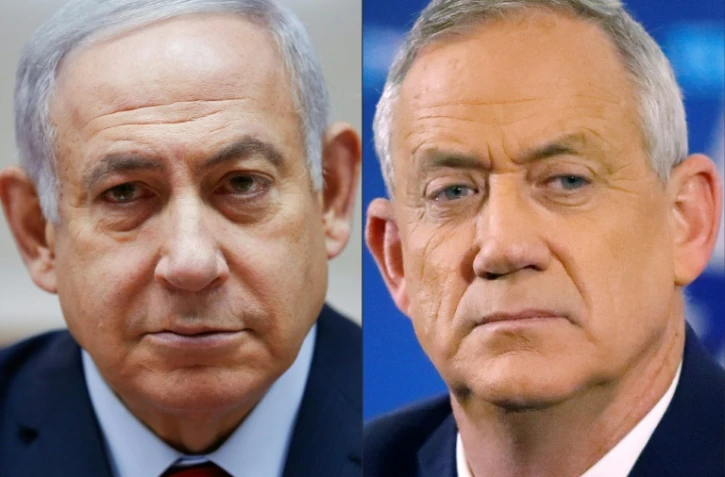 Montage photo du Premier ministre israélien Benjamin Netanyahu (à gauche, à Jérusalem le 9 décembre 2018) et de son adversaire Benny Gantz, ancien chef de l'armée (à droite, le 1er avril 2019 à Tel Aviv)
