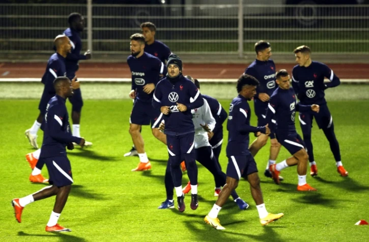 Les joueurs de l'équipe de France à l'entraînement au centre national du football de Clairefontaine, au sud-ouest de Paris, le 10 novembre 2020