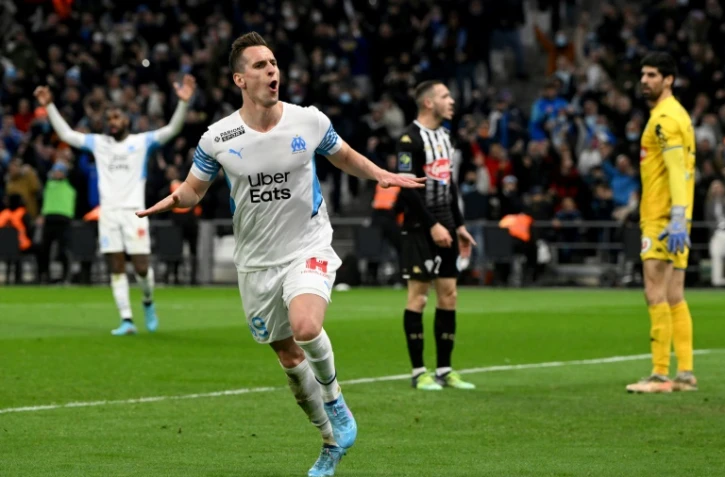 L'attaquant polonais Arkadiusz Milik auteur d'un triplé dans le succès de Marseille contre le SCO Angers au stade Vélodrome, le 4 février 2022 
