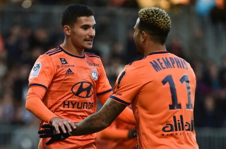 Les buteurs lyonnais à Angers, Houssem Aouar et Memphis Depay, le 27 octobre 2018
