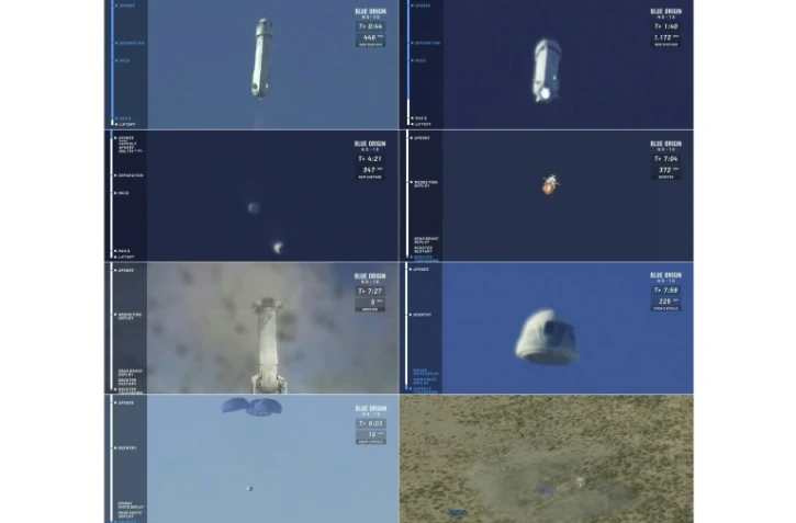 Montage d'images tirées d'une vidéo lors du 10e vol d'essai de la fusée New Shepard de Blue Origin, le 23 janvier 2019 au Texas