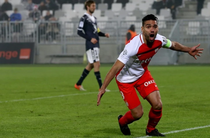 La joie de l'attaquant de Monaco Radamel Falcao après l'un des ses 3 buts contre Bordeaux, le 10 décembre 2016 au Matmut Stadium