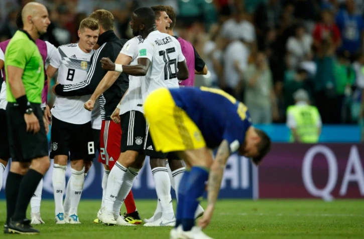 La joie des jouers allemands à l'issue de leur victoire in extremis face à la Suède à Sotchi, le 23 juin 2018