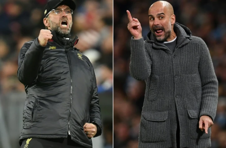 L'entraîneur de Liverpool Jürgen Klopp (g) lors du 8e de finale de C1 contre le Bayern à Munich le 13 mars 2019 et l'entraîneur de Manchester City Pep Guardiola lors du match contre Leicester le 6 mai 2019 à Manchester