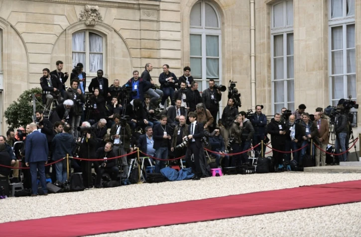 Des journalistes à l'Elysée le jour de l'investiture d'Emmanuel Macron, le 14 mai 2017
