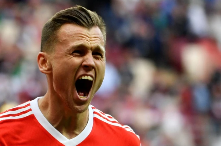 Le milieu de terrain russe Denis Cheryshev vient de marquer le but du 2-0 contre l'Arabie Saoudite en match d'ouverture de la Coupe du monde, le 14 juin 2018 à Moscou 