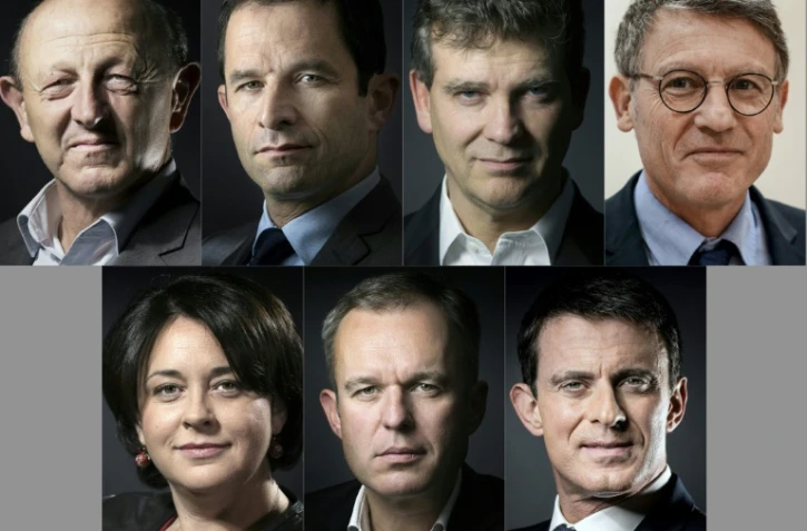 Un photomontage fait le 17 décembre 2016 des candidats à la primaire de la gauche: de gauche à droite: Jean-Luc Bennahmias, Benoît Hamon, Arnaud Montebourg, Vincent Peillon, Sylvia Pinel, François de Rugy et Manuel Valls