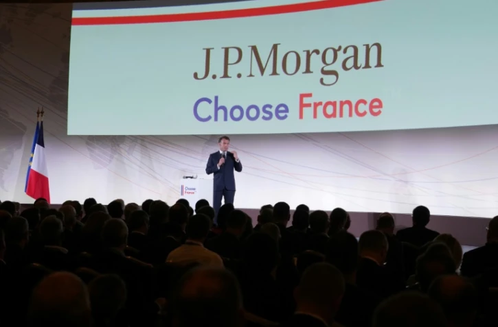 Le président Emmanuel Macron lors d'un discours pendant la conférence Global Markets en amont du sommet Choose France, à Paris le 15 mai 2025