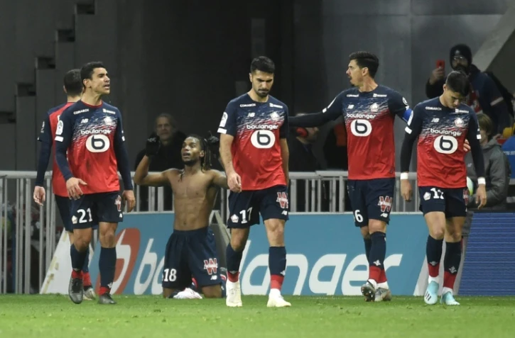 Renato Sanches fête avec ses coéquipiers le but de la victoire lilloise contre Montpellier à Villeneuve-d'Ascq, le 13 décembre 2019