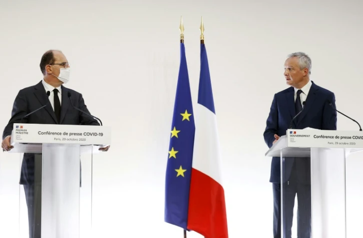 Le Premier ministre Jean Castex et le ministre de l'Economie Bruno Le Maire, lors de la conférence de presse annonçant le deuxième confinement, le 29 octobre 2020