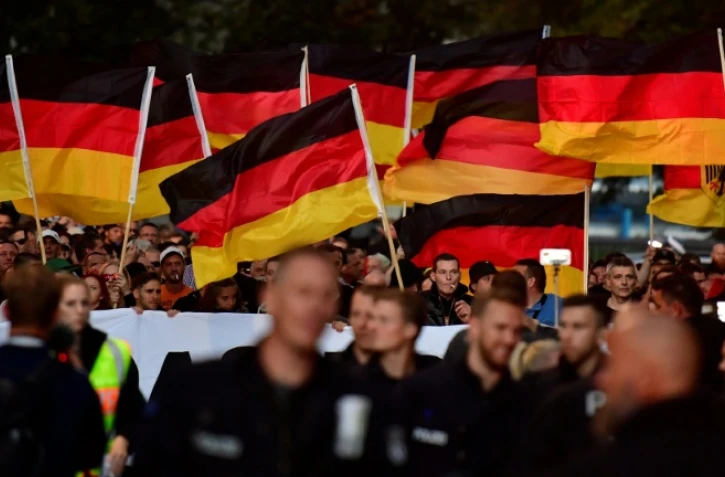 Manifestation anti-étrangers à Chemnitz, en Allemagne, le 7 septembre 2018, après le meurtre d'un Allemand pour lequel la police soupçonne trois demandeurs d'asile irakiens et syrien
