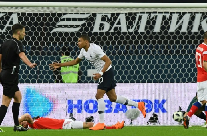 Le jeune attaquant des Bleus Kylian Mbappé a ouvert le score face à la Russie en match amical à Saint-Pétersbourg, le 28 mars 2018