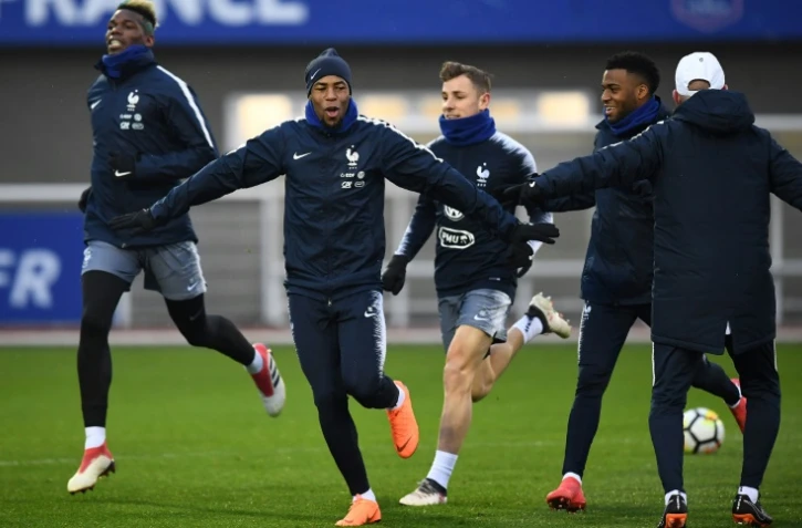 Les joueurs de l'équipe de France à l'entraînement, le 19 mars 2018 à Clairefontaine