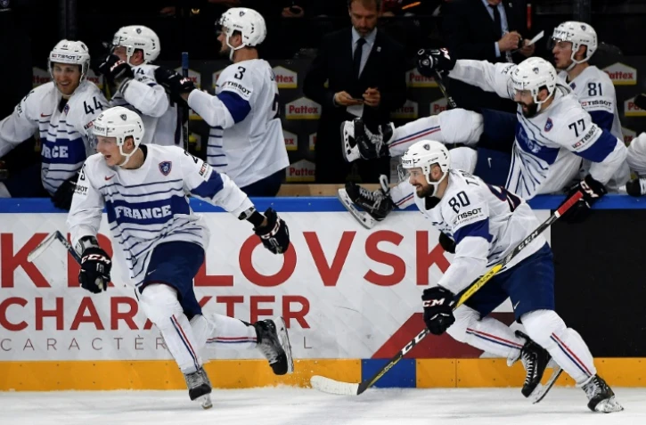 Les joueurs français exultent après leur victoire face à la Suisse au Mondial, le 9 mai 2017 à Paris