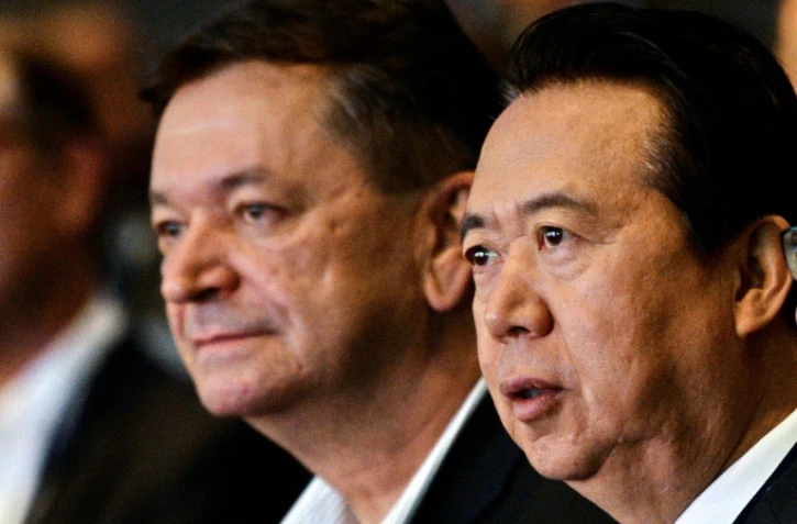 Alexandre Prokoptchouk (gauche), le candidat russe à la présidence d'Interpol, et Meng Hongwei, l'ancien patron de cette organisation, photographiés à Singapour le 4 juillet 2017
