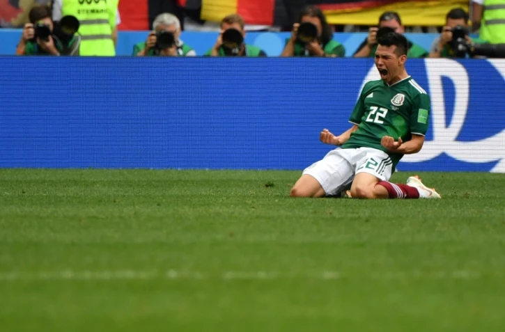 L'attaquant mexicain Hirving Lozano exulte après son but contre l'Allemagne lors du Mondial, le 17 juin 2018 à Moscou