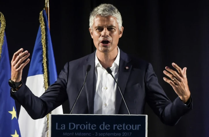 Le vice-président des Républicains, Laurent Wauquiez, candidat à la présidence du parti, prononce un discours aux Estables en Haute-Loire, le 3 septembre 2017